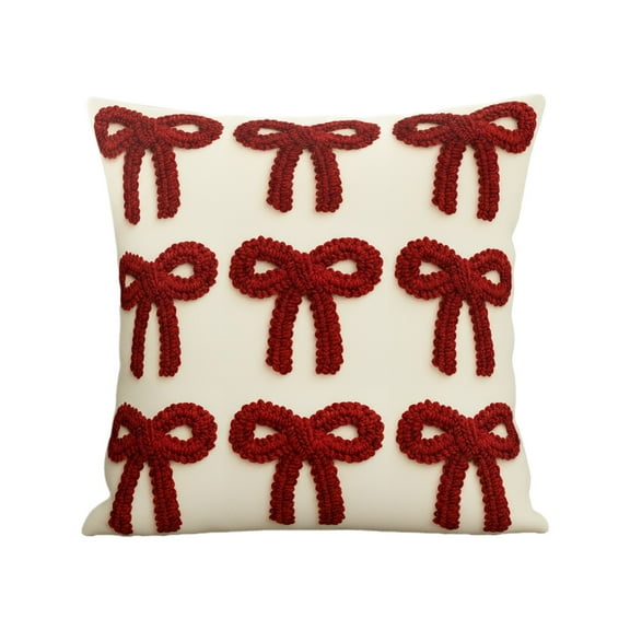 Christmas Pillow Cover Cotton With Hidden Zipper For Home Decor Sofa And Bed Decorative Pillow Case Red Bow Pattern 17.7 X 17.7 Inches