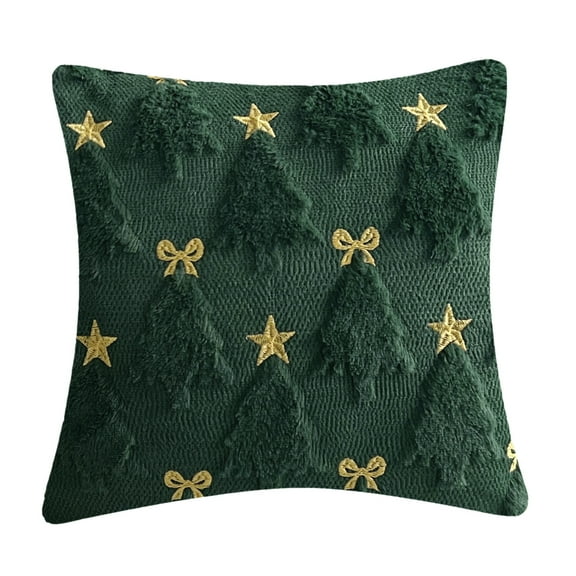 Christmas Pillow Cover, Green Christmas Tree Bow Star, Village Tree Pillowcase for Sofa Couch Decor, Cotton Plush Fabric, Pillow Case, Winter Snow flower Backdrop, Chair Cushion Cover, Bedroom
