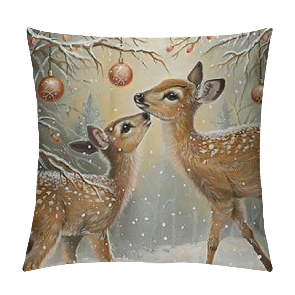 Christmas Pillow Cover Orange Snowy Winter Rustic Linen Throw Pillow