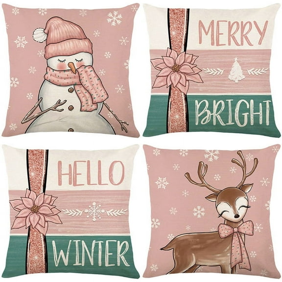Christmas Pillow Cover Pink Christmas Decorations Throw Pillow Case Snowman Snowflake Winter Holiday Home Decor Cushion for Sofa Couch