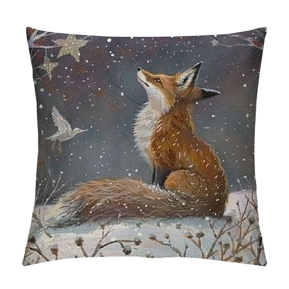 Christmas Pillow Cover White Snowy Winter Rustic Linen Throw Pillow Covers Snowflakes Fox Bird Printed Decorative Farmhouse Pillowcase for Couch Sofa Seating Bench (S5)