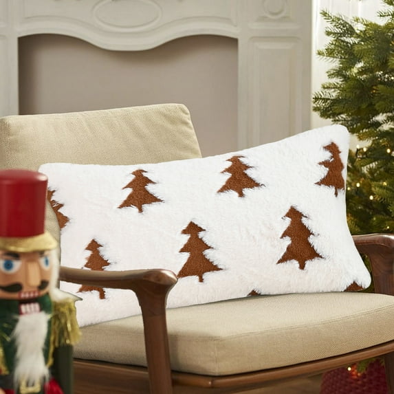 Christmas Pillow Covers 11.8x19.7 inch Set of 2 Xmas Tree Pillowcase with Hidden Zipper, Soft Plush Faux Fur Decorative Cushion Covers for Sofa Living Room Home Decor, Brown, 11.8x19.7 inch