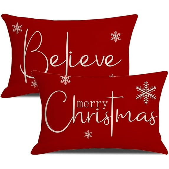 Christmas Pillow Covers 12 x 20 Inch Set of 2 Merry Christmas Believe White Throw Pillow Covers Winter Xmas Winter Holiday Decorative Cushion Cases for Sofa Couch
