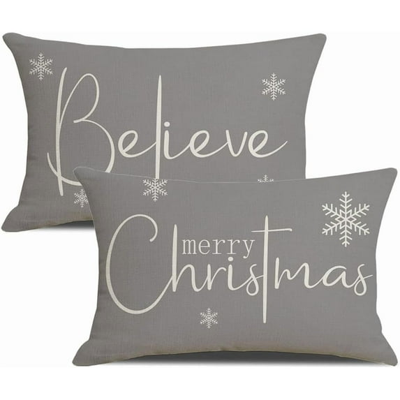Christmas Pillow Covers 12 x 20 Inch Set of 2 Merry Christmas Believe White Throw Pillow Covers Winter Xmas Winter Holiday Decorative Cushion Cases for Sofa Couch