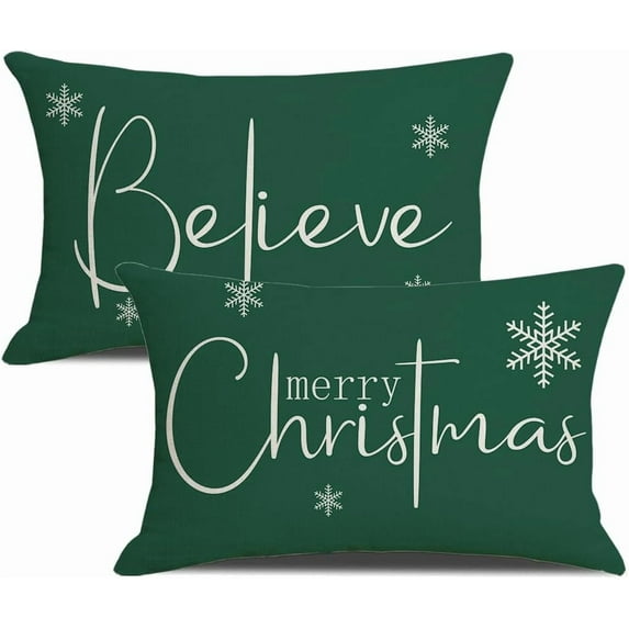 Christmas Pillow Covers 12 x 20 Inch Set of 2 Merry Christmas Believe White Throw Pillow Covers Winter Xmas Winter Holiday Decorative Cushion Cases for Sofa Couch