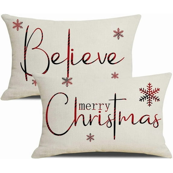 Christmas Pillow Covers 12 x 20 Inch Set of 2 Merry Christmas Believe White Throw Pillow Covers Winter Xmas Winter Holiday Decorative Cushion Cases for Sofa Couch