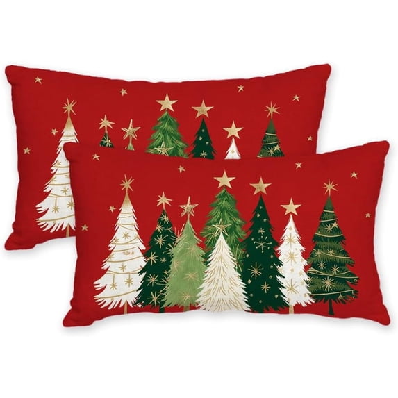 Christmas Pillow Covers 12X20 Set of 2,Watercolor Christmas Tree Stars Decoration Holiday Farmhouse Winter Pillow Case for Sofa Couch Decor(Red) AA231-12-2
