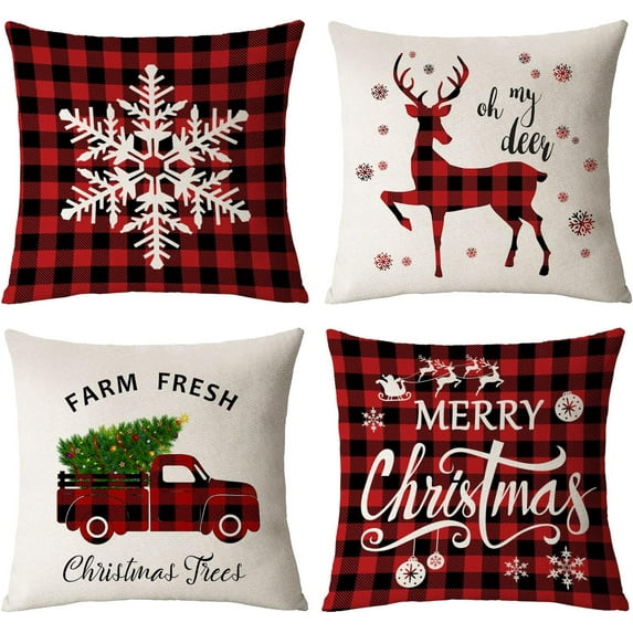 Christmas Pillow Covers 12x12 Set of 4 Red Green Xmas Decorative Throw Pillows Christmas Tree Deer Santa Pillow Cases Home Outdoor Sofa Couch Cushion Covers for Christmas Decorations (12 by 12)