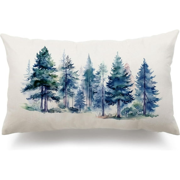 Christmas Pillow Covers 12x20 Christmas Decorations Watercolor Blue Christmas Tree Rustic Style Nature Forest Print Decorative Throw Pillows Winter Christmas Pillow Cover Decor 003L
