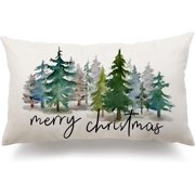 Christmas Pillow Covers 12x20 Christmas Decorations Watercolor Blue Green Christmas Tree Rustic Style Nature Forest Print Decorative Throw Pillows Winter Christmas Decor 003F12
