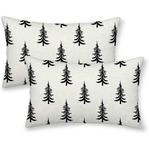 Christmas Pillow Covers 12x20 Inch Set of 2 Cream Black Christmas Tree Decor Throw Pillows Winter Xmas Holiday Outdoor Lumbar Cushion Cases for Couch Bed Decorations