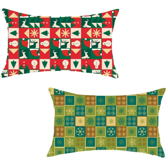 Christmas Pillow Covers 12x20 Inch Set of 2 Farmhouse Xmax Colorful Pillows Red Green Plaid Snowflakes Trees Decor Winter Seasonal Decorative Cushion Case for Sofa Couch Home
