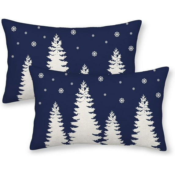 Christmas Pillow Covers 12x20 Inch Set of 2 Navy Blue Cream Christmas Tree Snowflakes Decor Throw Pillows Winter Xmas Holiday Outdoor Lumbar Cushion Cases for Couch Bed Decorations