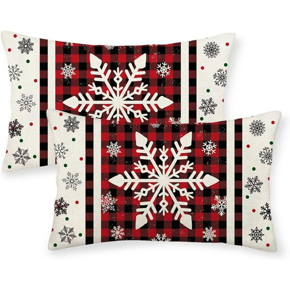 Christmas Pillow Covers 12x20 Set of 2 Winter Red Black Buffalo Plaid Snowflake Pillow Cases Outdoor Christmas Decorations Throw Pillows Linen Xmas Lumbar Cushion Covers for Couch Home Decor