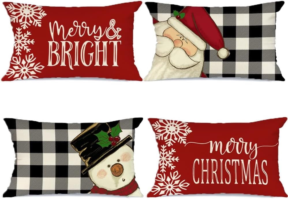 Christmas Pillow Covers 12x20 Set of 4 for Christmas Decorations Buffalo Plaid Snowman Santa Claus Merry Bright Christmas Pillows Winter Holiday Throw Pillows Christmas Farmhouse Decor