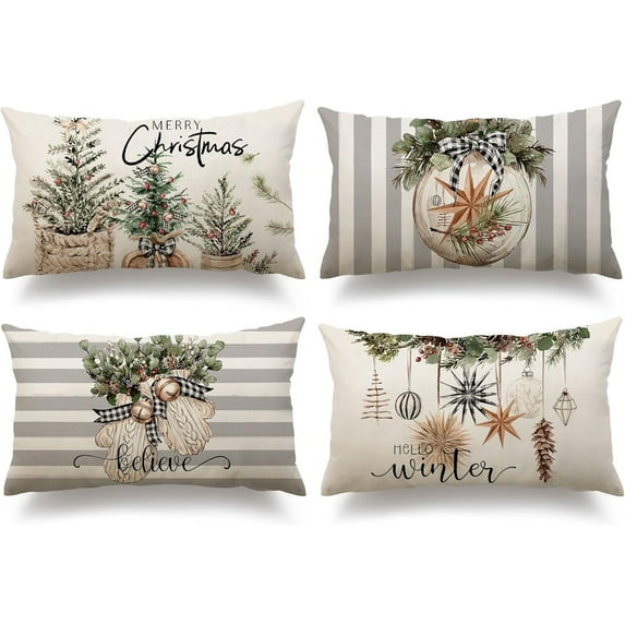 Christmas Pillow Covers 12x20 inch Set of 4 Christmas Tree Gloves Hello Winter Decorative Stripe Throw Pillow Covers Winter Farmhouse Decoration for Home Couch