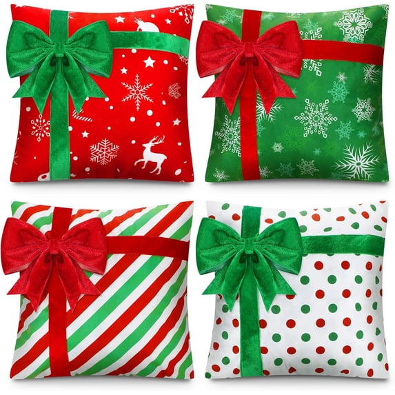 Christmas Pillow Covers 16 x 16 Inch Set of 4 Farmhouse Xmas Throw Pillow Cases Gift Box Style Red Green White Snowflake Bow Decoration for Couch Holiday Sofa Cushion Decor