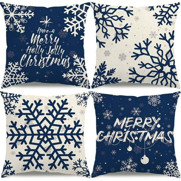 Christmas Pillow Covers 16x16 Blue Christmas Decorations Snowflake Throw Pillow Covers Merry Christmas Winter Holiday Decor Xmas Cushion Case for Sofa Couch Set of 4