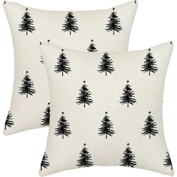 Christmas Pillow Covers 16x16 Christmas Tree White Black Decor Throw Pillows Case for Couch Winter Xmas Indoor Outdoor Decorative Cushion Cases for Sofa Bed Decorations Set of 2