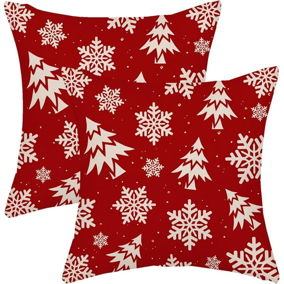 Christmas Pillow Covers 16x16 Inch 2 Pcs Red Cream Christmas Tree Decor Throw Pillows Winter Snowflakes Xmas Holiday Farmhouse Decorations Pillowcase Linen Cushion Cover for Couch Sofa Bed