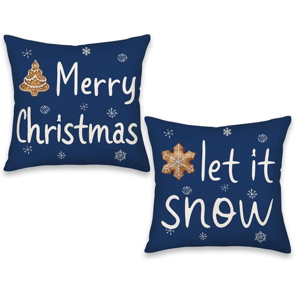 Christmas Pillow Covers 16x16 Inch Set of 2, Snowflake Merry Christmas Let it Snow Holiday Quote Decor Decorative Throw Cushion Cases Winter Decoration for Home Party Sofa Couch, Navy Blue