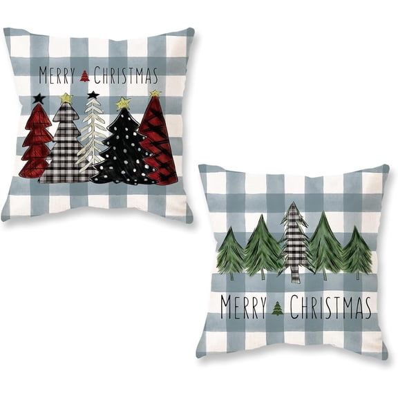 Christmas Pillow Covers 16x16 Inch Set of 2 Trees Red Black Green Light Blue Buffalo Plaid Decorative Pillowcases Winter Holiday Cushion Cases for Christmas Decorations