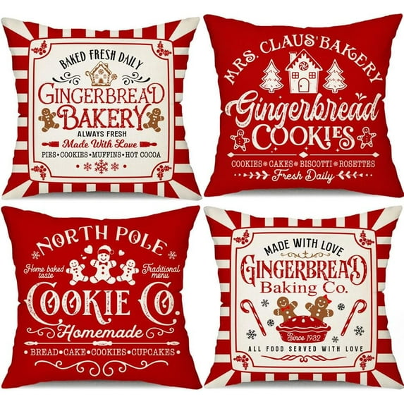 Christmas Pillow Covers 16x16 Inch Set of 4 Gingerbread Bakery Decorative Throw Red Stripe Pillows Covers Merry Christmas Winter Holiday Decor for Couch 155