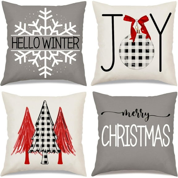 Christmas Pillow Covers 16x16 Set of 4 Christmas Decorations Merry Christmas Tree Truck Joy Snow Hello Winter Decorative Gray Throw Pillows Farmhouse Christmas Holiday Indoor Home Decor for Couch