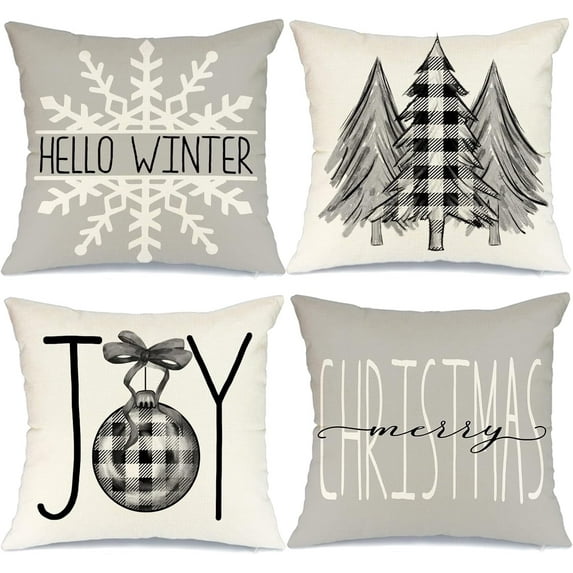 Christmas Pillow Covers 16x16 Set of 4 for Christmas Decorations Buffalo Plaid Christmas Tree Joy Snow Merry Christmas Pillows Winter Holiday Throw Pillows Christmas Farmhouse Decor for Couch Gray