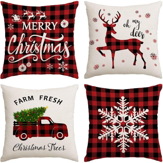 Christmas Pillow Covers 16x16 Set of 4 Red Green Xmas Decorative Throw Pillows Christmas Tree Deer Santa Pillow Cases Home Outdoor Sofa Couch Cushion Covers for Christmas Decorations (16 by 16)