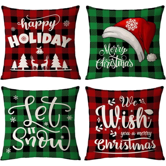 Christmas Pillow Covers 16x16 Set of 4 Red Green Xmas Decorative Throw Pillows Christmas Tree Deer Santa Pillow Cases Home Outdoor Sofa Couch Cushion Covers for Christmas Decorations (16 by 16)