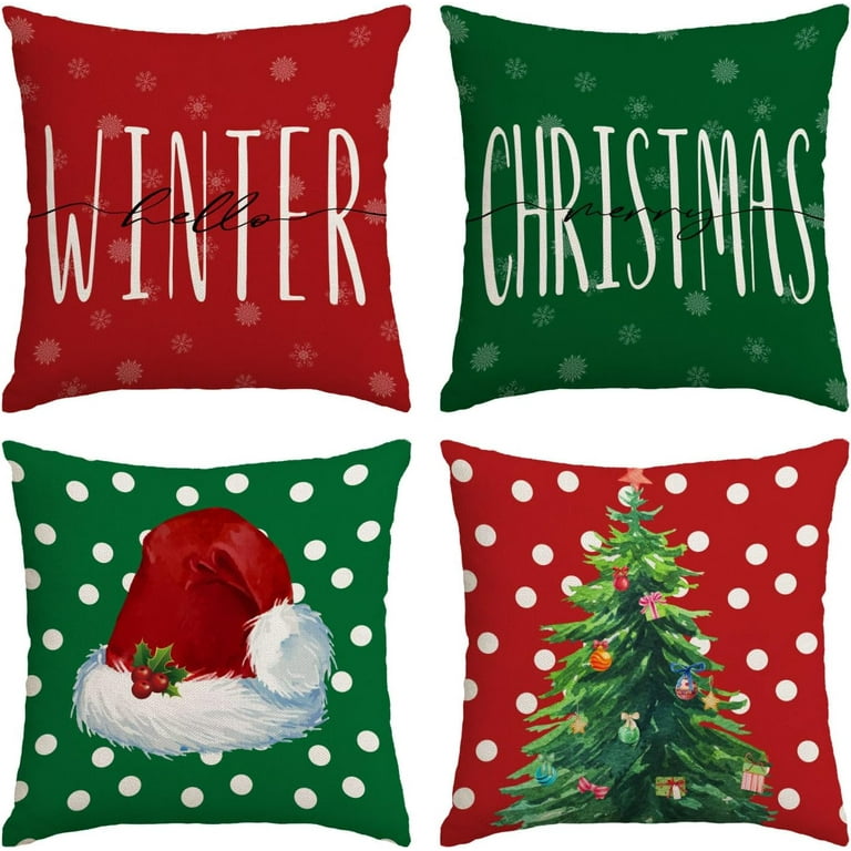 Christmas Pillow Covers 16x16 Set of 4 Red Green Xmas Decorative Throw Pillows Christmas Tree Deer Santa Pillow Cases Home Outdoor Sofa Couch Cushion Covers for Christmas Decorations 16 by 16 Walmart....