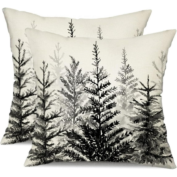 Christmas Pillow Covers 16x16 inch Set of 2 Watercolor Black Christmas Tree Decorative White Throw Pillow Covers Winter Famliy Decoration for Home Couch 32C