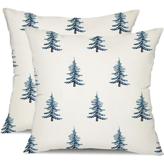 Christmas Pillow Covers 16x16 inch Set of 2 Winter Blue Christmas Tree Decorative White Throw Pillow Covers Winter Famliy Decoration for Home Couch TH-30M16