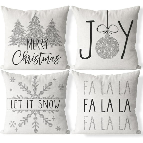 Christmas Pillow Covers 16x16 inch Set of 4 Silver Glitter Holiday Decorations White Xmas Throw Pillows Cushion Covers for Bed Chair Sofa Couch