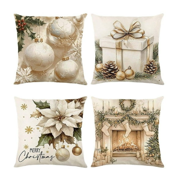 Christmas Pillow Covers 17.7x17.7 inch Set of 4, Holiday Winter Outdoor Vintage Tree Snowflake Xmas Snowman Neutral Farmhouse Gold Seasonal Decorations for Sofa Couch