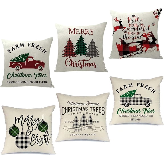 Christmas Pillow Covers 18×18 Inch Set of 6 for Winter Holiday Buffalo Plaid Pillow Covers,6 Different Pattern for Christmas Decor,Rustic Linen Pillow Case Throw Pillow Covers for Couch