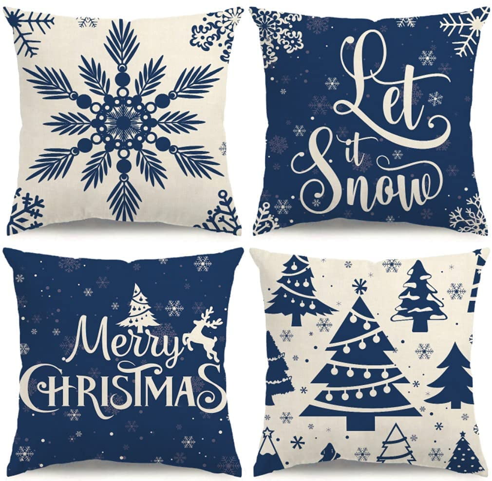 4Pc Santa Claus Snowman Garland Christmas Tree Blue Christmas Throw Pillow  Covers, Christmas Cute Girly Fashion Pillow Covers, Velvet 45×45Cm/18×18  Decorative Cushion Covers, Suitable For Christmas Party Gift Living Room/ Bedroom/Sofa/Bed Decoration