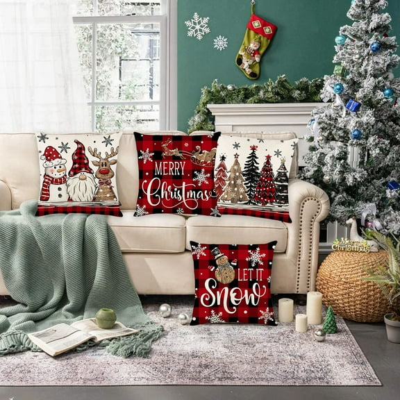 Christmas Pillow Covers 18×18 inch Set of 4, Vintage Throw Pillow Covers, Christmas Winter Holiday Cushion Case for Home Sofa Couch Retro Farmhouse Outdoor Decor