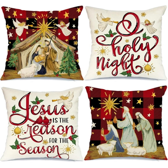 Christmas Pillow Covers 18 x 18 Inch Set of 4,Buffalo Plaid O Holy Night Jesus Cardinal Saying Decorations Holiday Farmhouse Winter Throw Pillow Cases Decor for Sofa Couch (Red) AA348-18