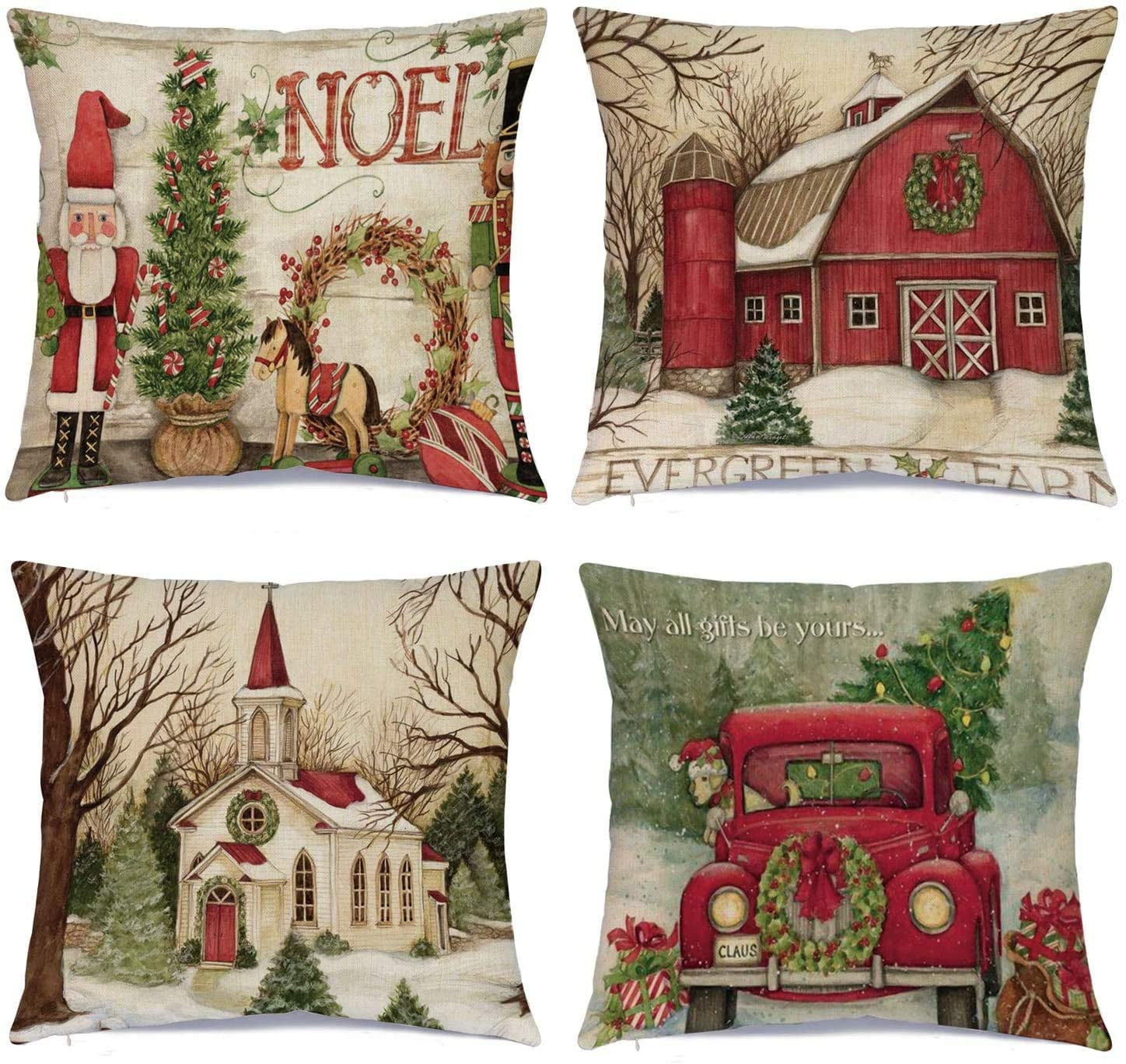 Christmas Pillow Covers 18 x 18 Inches Set of 4 Xmas Series Throw