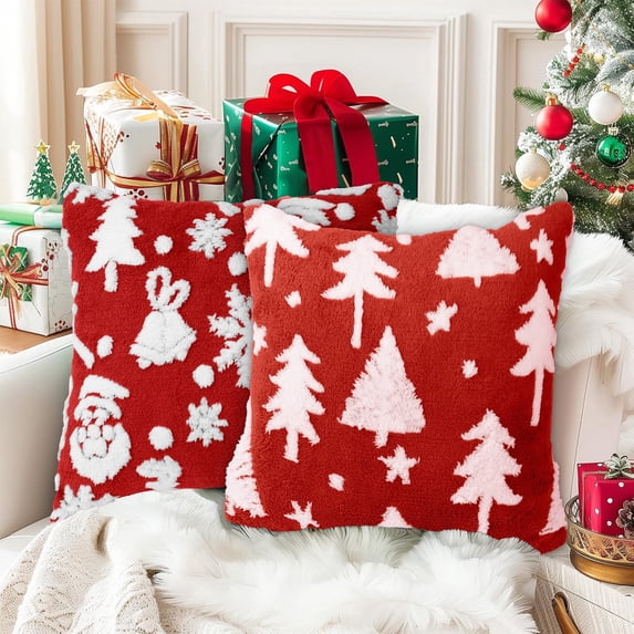 SANMADROLA Christmas Throw Pillow Covers, 18x18 Throw Pillows Soft Plush Cushion Covers, Set of 2 Xmas Tree Pillowcases Holiday Festivals Winter Home Decor Sofa Couch Bed Porch, Red