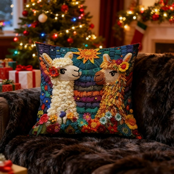 Christmas Pillow Covers 18"x18" Flower Llamas Printing Throw Pillows Cover Sofa Pillow Cases for Farmhouse Indoor Home Couch Decoration Holiday Gifts