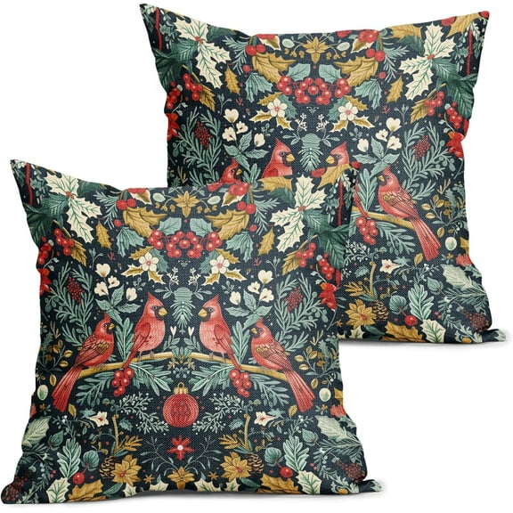 Christmas Pillow Covers 18X18 Inch Cardinal Red Birds Berry Leaves Decorative Pillow Cases Set of 2 Xmas Holiday Throw Pillows Home Decor for Sofa Couch Cushion Outdoor