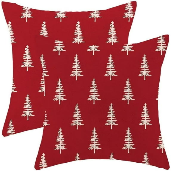 Christmas Pillow Covers 18X18 Inch Pack of 2, Christmas Trees Decoration Throw Pillow Linen Farmhouse Xmas Winter Holiday Pillow Cases Cushion for Bedroom Home Sofa-Red
