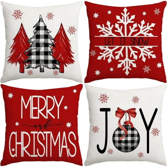 Christmas Pillow Covers 18X18 Set of 4,Christmas Tree Snowflake Joy Ball Decorative Throw Pillows Decoration Holiday Party Red Cushion Case for Home Couch Sofa