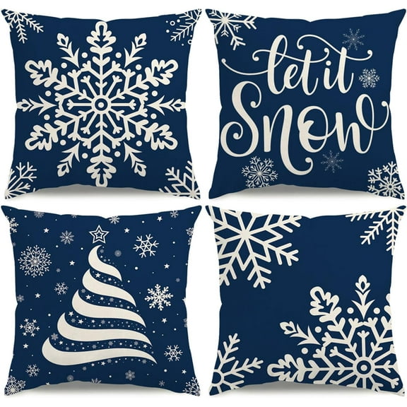 Christmas Pillow Covers 18x18 Blue Christmas Decorations Snowflake Throw Pillow Covers Let it Snow Xmas Tree Winter Holiday Decor Cushion Case for Sofa Couch Set of 4