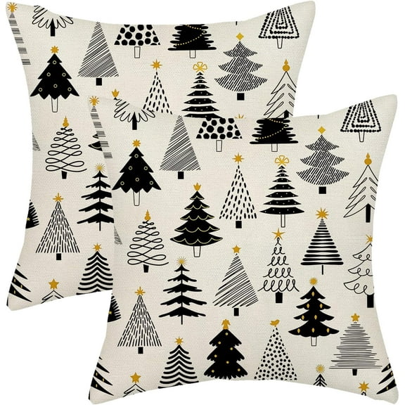 Christmas Pillow Covers 18x18 Inch 2 Pcs Black Christmas Tree Decor Throw Pillows Geometric Winter Xmas Holiday Outdoor Farmhouse Decoration Pillowcase Linen Cushion Cover for Couch Sofa Bed