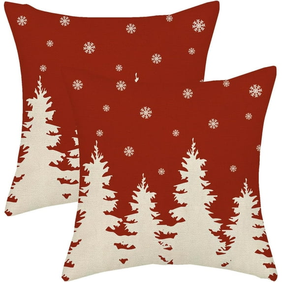 Christmas Pillow Covers 18x18 Inch 2 Pcs Red Orange Christmas Tree Snowflakes Decor Throw Pillows Winter Xmas Holiday Farmhouse Decorations Pillowcase Linen Cushion Cover for Couch Sofa