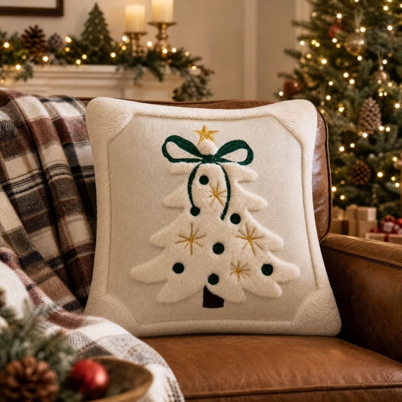 Christmas Pillow Covers, 18x18 Inch Christmas Embroidered Bow Tree Pillow Cover, Plush Tufted Christmas Tree Pillow Covers, Fall Decor Cute Festive Cushion Covers Durable